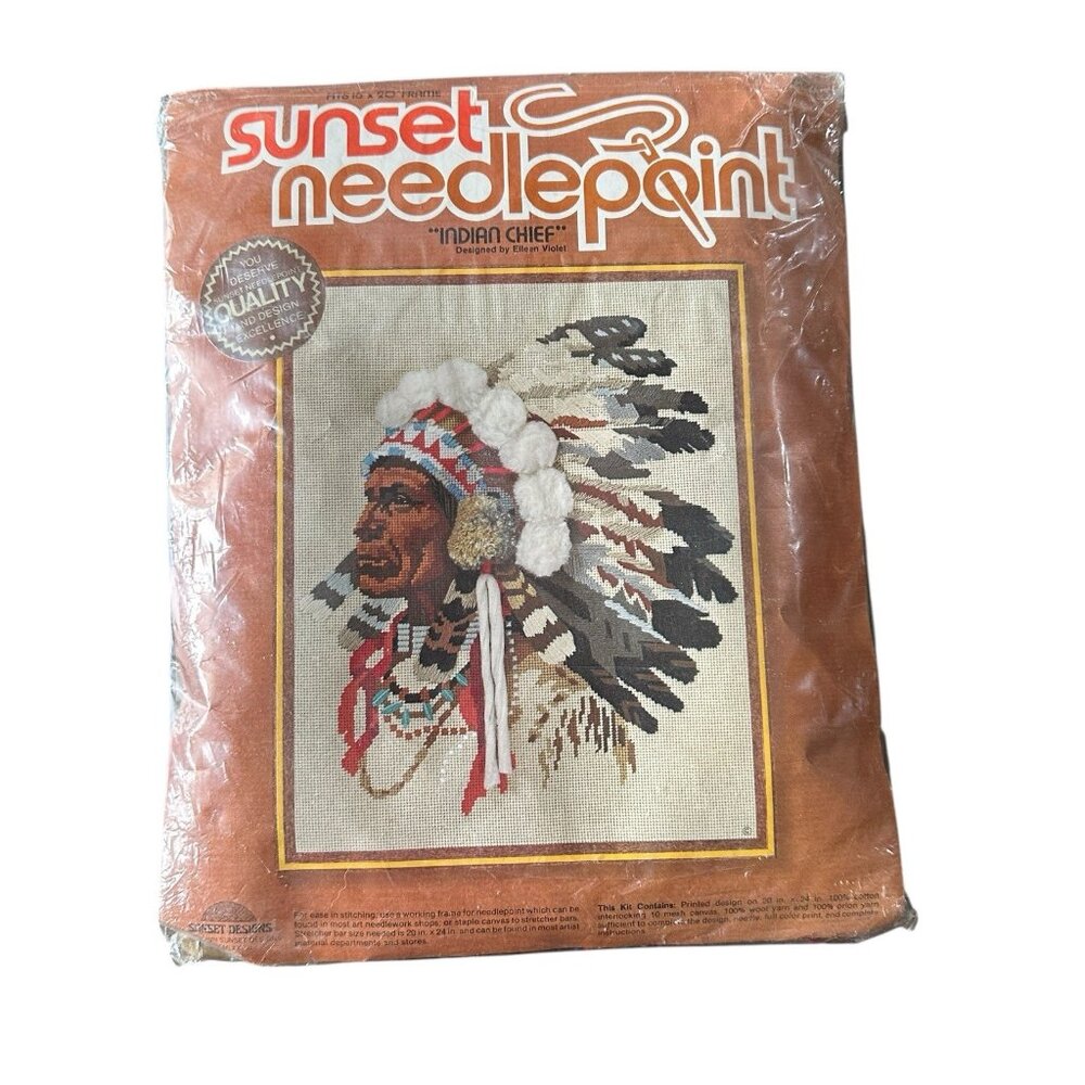 Sunset Needlepoint Indian Chief Cross Stitch Kit 16x20 No. 6720 Vintage 70s New